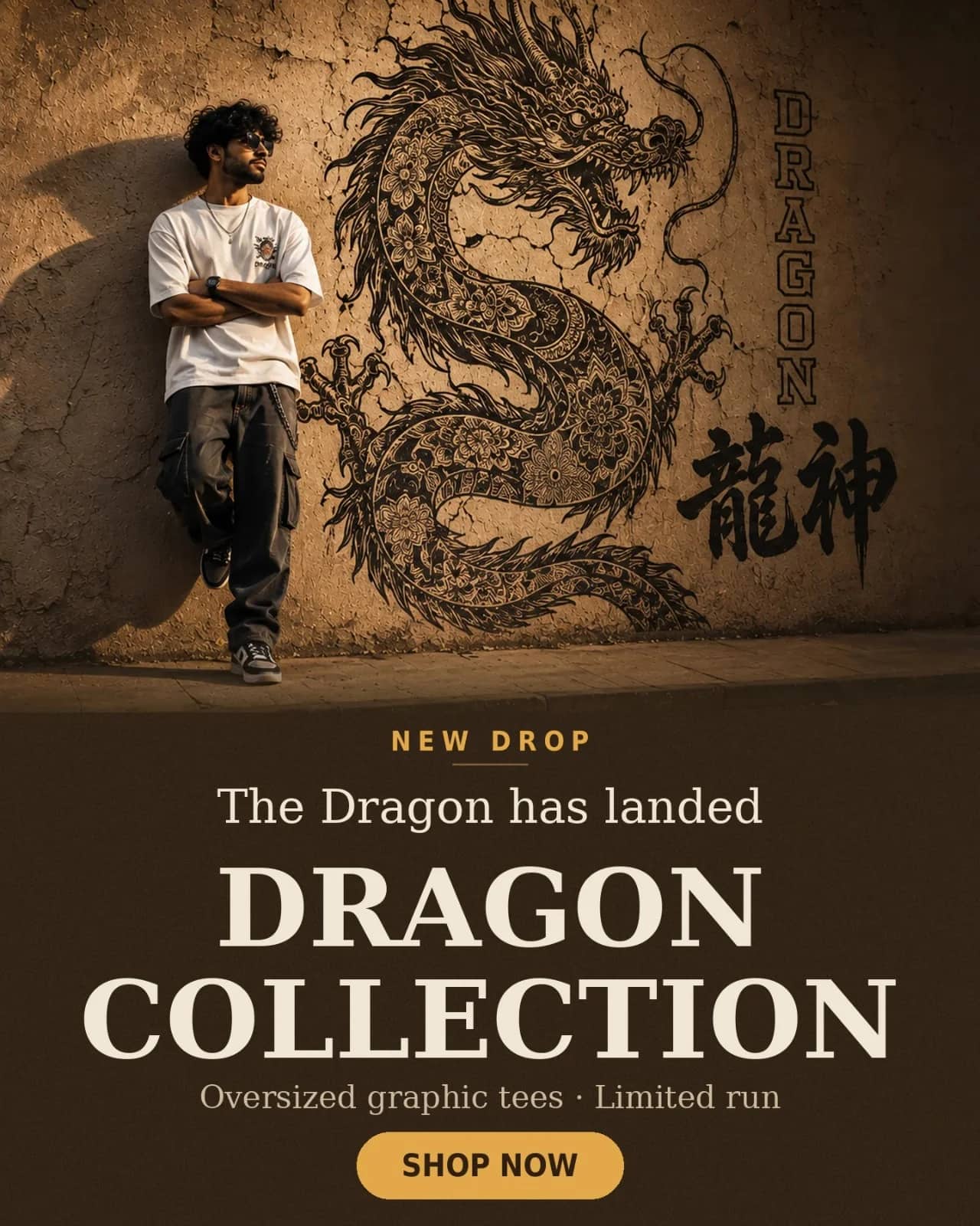 A model in a white CARIBOUELK tee leaning against a sunlit wall painted with an ornate dragon mural.