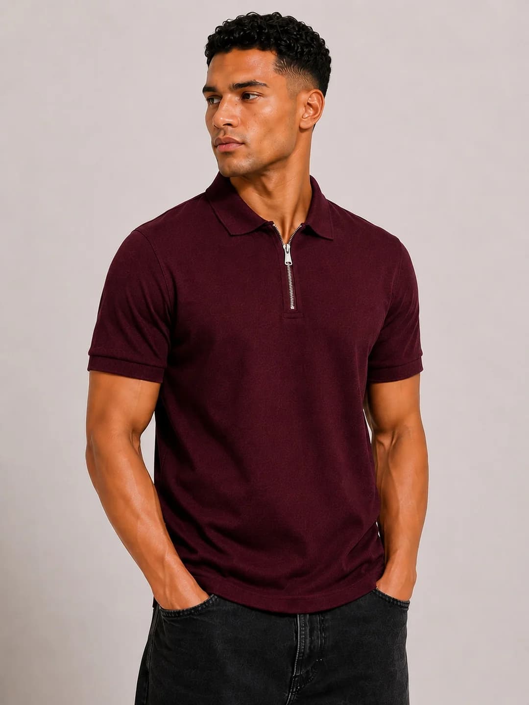 Caribouelk Tonal Print Zipper Polo — Maroon